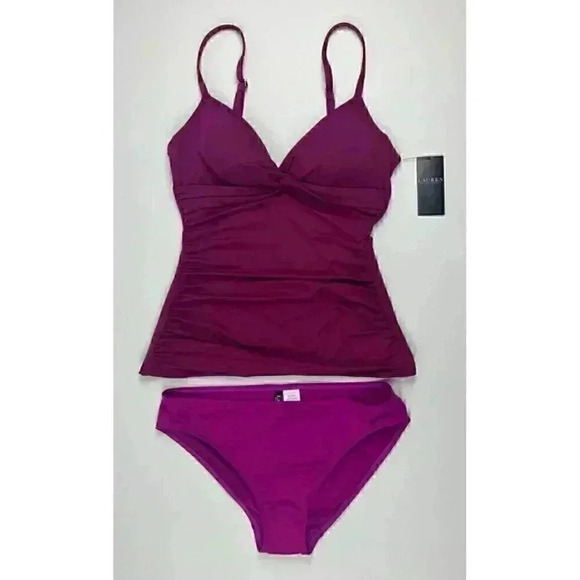 NEW! Lauren Ralph Lauren Womens 10 Slimming Ruched Tankini Top & Bottom NWT $145 - Picture 5 of 7